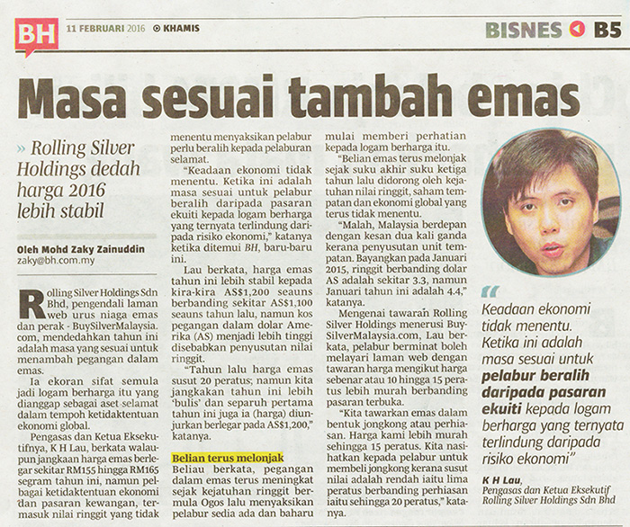 Berita Harian Business (11 Feb 2016) - "Masa sesuai labur emas".
