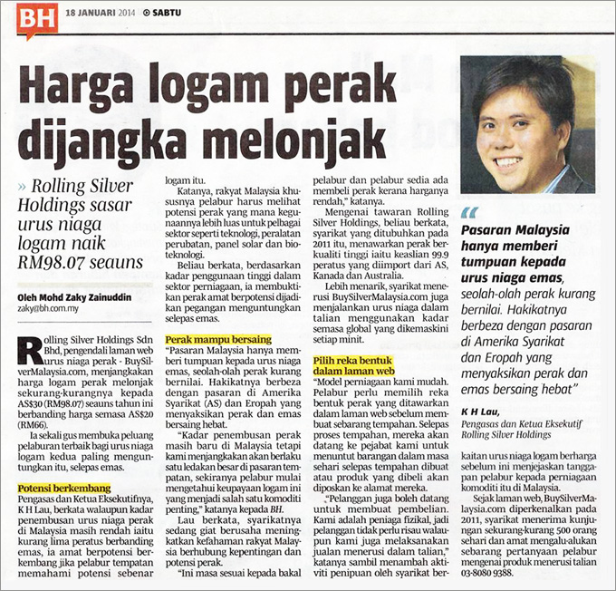 Berita Harian Business (18 Jan 2014) - "Harga logam perak dijangka melonjak".